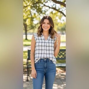 Lovestitch Women's Small  V-Neck Tops Plaid Sleeveless Vest Shirts  Blouse